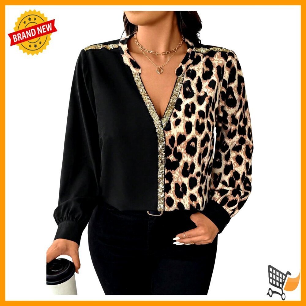 Plus Size Long Sleeve Tunic Blouse Notched V Neck Loose Fit Leopard Print